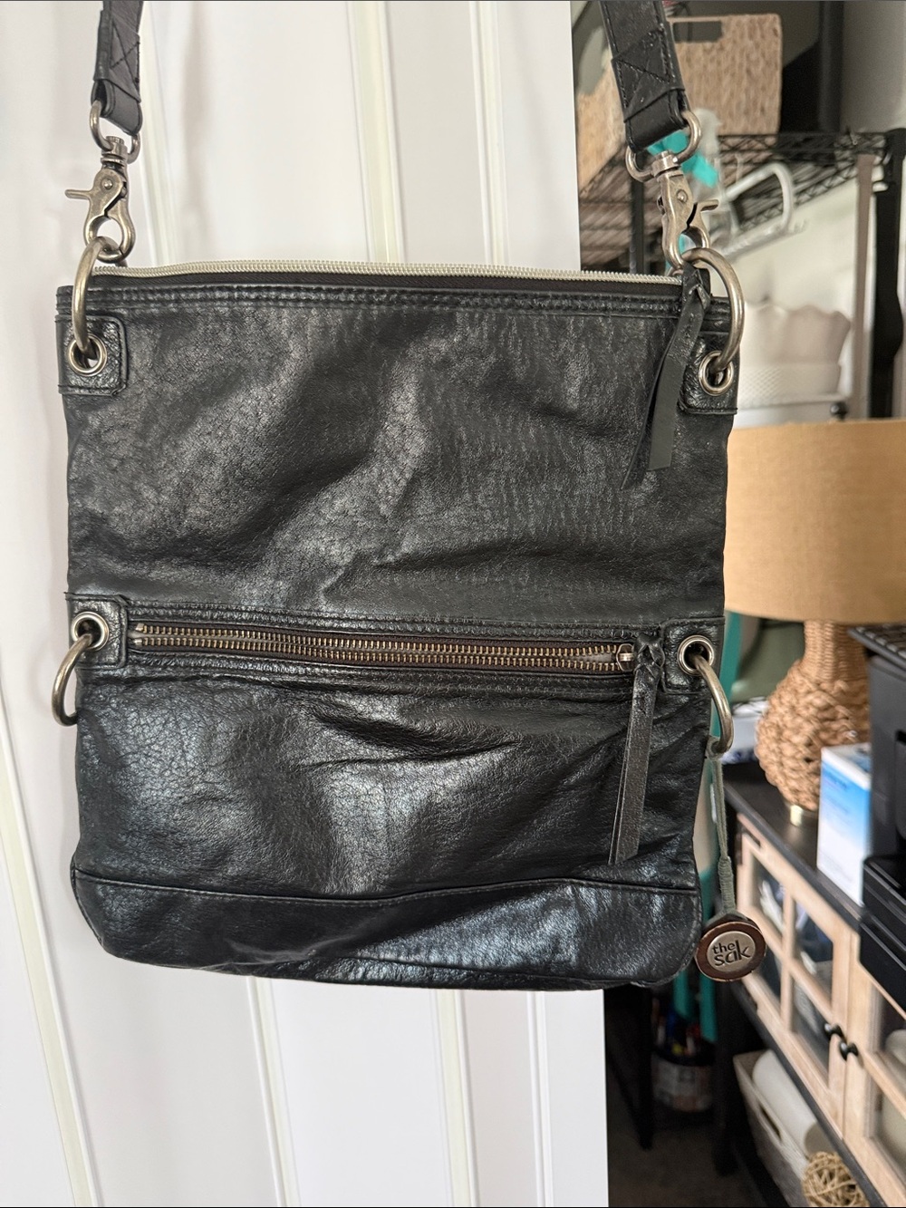 The Sak Black Leather Crossbody with Front Zip Pocket
